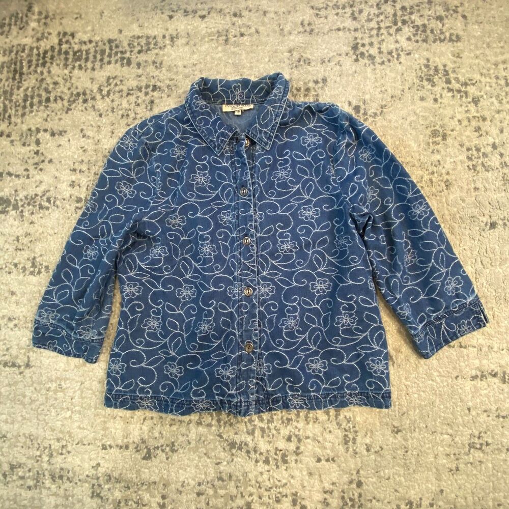 Cynthia Max Women PM Blue Denim Embroidered Floral Button Down Shirt Blouse Top